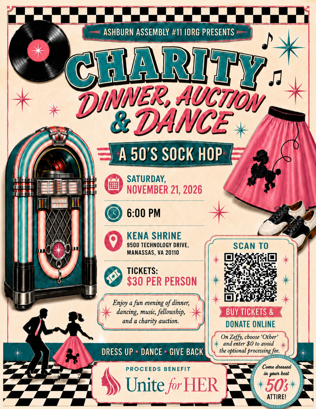 Charity Dinner, Auction & Dance — A 50's Sock Hop. Saturday, November 21, 2026, 6:00 PM, Kena Shrine, 9500 Technology Drive, Manassas, VA 20110. Tickets $30 per person. Proceeds benefit Unite for HER.